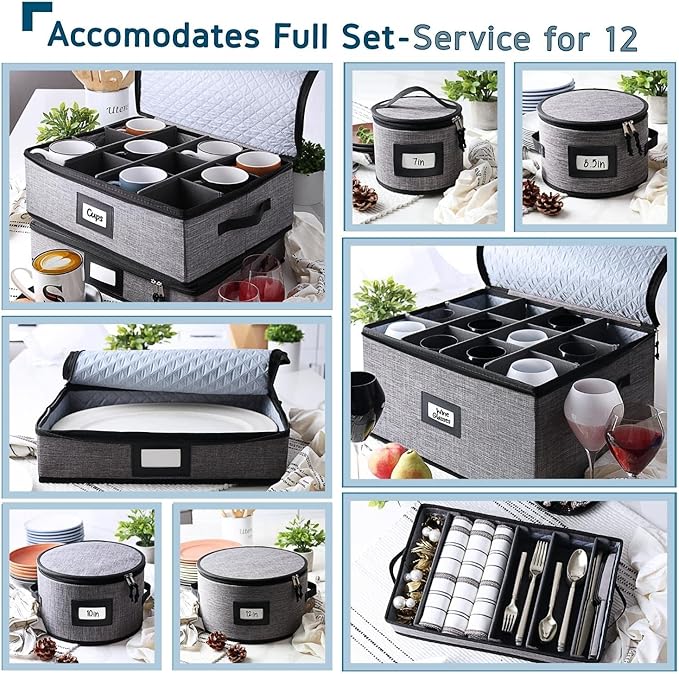 STORAGEBUD China Storage Containers Hard Shell, 8 Piece Flatware & Utensil with Mug Storage, Wine Glass 4 Dish Platter Case, Padded Dinnerware Containers, (sb-hds-09)