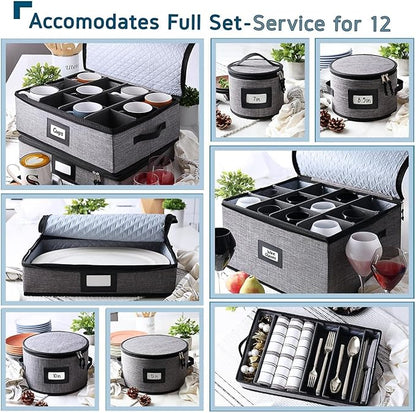STORAGEBUD China Storage Containers Hard Shell, 8 Piece Flatware & Utensil with Mug Storage, Wine Glass 4 Dish Platter Case, Padded Dinnerware Containers, (sb-hds-09)