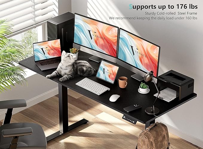 63 x 28 inch Electric Standing Desk Adjustable Height with 4 Wheels, 4 Memory Height Settings, 2 Headphone Hook, for Home Office, Splice Board Black