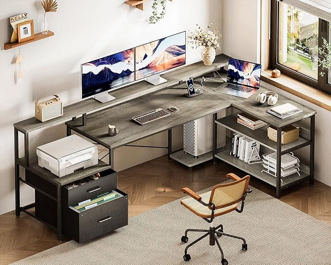 ODK 75" L Shaped Desk with File Drawers, Work from Home Office Desk with Power Outlet, Reversible Computer Desk with Storage Shelves, Gaming Desk with Monitor Shelf, Corner WFM Table, Grey Oak