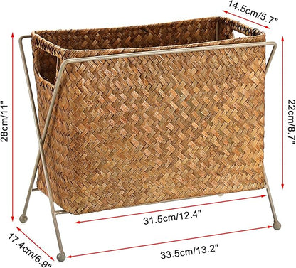 BTSKY Handwoven Magazine Holder, Natural Seagrass Magazine Basket with Metal Rack, Mail Holder Floor Organizer for Office, Living Room, Dorm, Bathroom, Woven Rattan File Basket with Handle(Caramel)