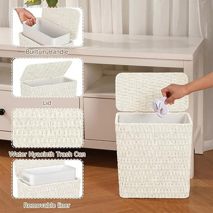 iEGrow Paper Rope Trash Can,Bathroom Trash Can with Lid, 3 Gallon Wicker Waste Basket with Removable Liner, for Bedroom, Living Room, Toilet, Under Sink Creamy White
