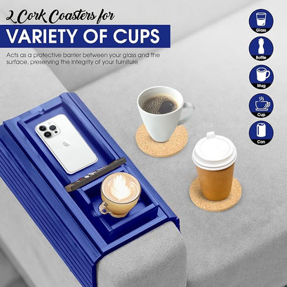 Couch Cup Holder Tray with 2 Cork Coasters, Couch Arm Tray, 2 in 1 Anti-Slip Foldable Sofa Arm Tray, Couch Armrest Table, Anti-Spill Couch Arm Table for Drinks TV Remote Cellphone Snacks (Blue)