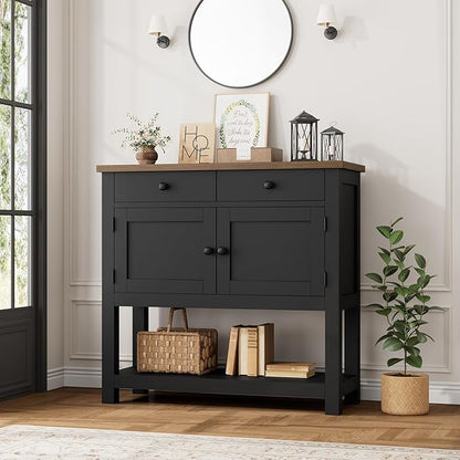 HOSTACK Farmhouse Console Table with 2-Door Cabinet & 2 Drawers, Coffee Bar, Entryway Table with Storage Shelf, Sofa Tables Buffet Sideboard for Kitchen, Hallway, Dining, Living Room, Black