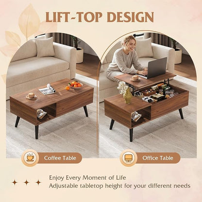 WLIVE Coffee Table for Living Room, Lift Top Coffee Table with Storage, Small Rising Wooden Dining Center Table with Storage Shelf & Hidden Compartment, 39" Brown