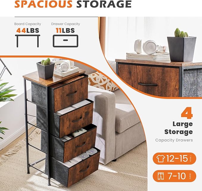 Sweetcrispy 4 Drawer Dresser Fabric Storage Tower with Wood Top, Brown | Sturdy steel frame, fabric drawers, easy-pull handles. Small space-saving organizer for bedroom, closet, entryway.