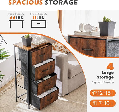Sweetcrispy 4 Drawer Dresser Fabric Storage Tower with Wood Top, Brown | Sturdy steel frame, fabric drawers, easy-pull handles. Small space-saving organizer for bedroom, closet, entryway.