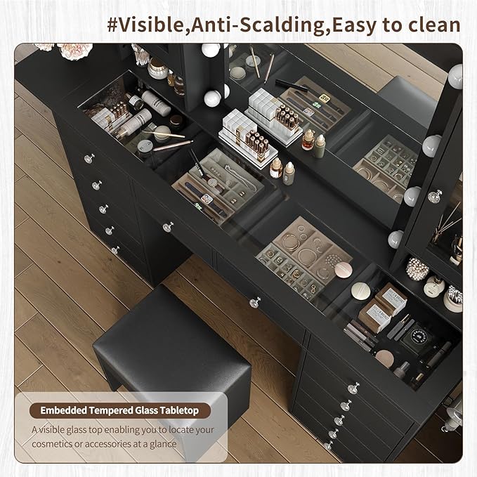 Vanity with Power Outlet, Vanity Desk with Mirror and 10 LED Lights, Makeup Vanity with 12 Drawers and 2 Cabinets, Fold-up Panel, Glass Top Dressing Table with Chair for Bedroom, Black