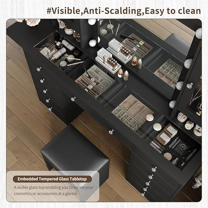 Vanity with Power Outlet, Vanity Desk with Mirror and 10 LED Lights, Makeup Vanity with 12 Drawers and 2 Cabinets, Fold-up Panel, Glass Top Dressing Table with Chair for Bedroom, Black