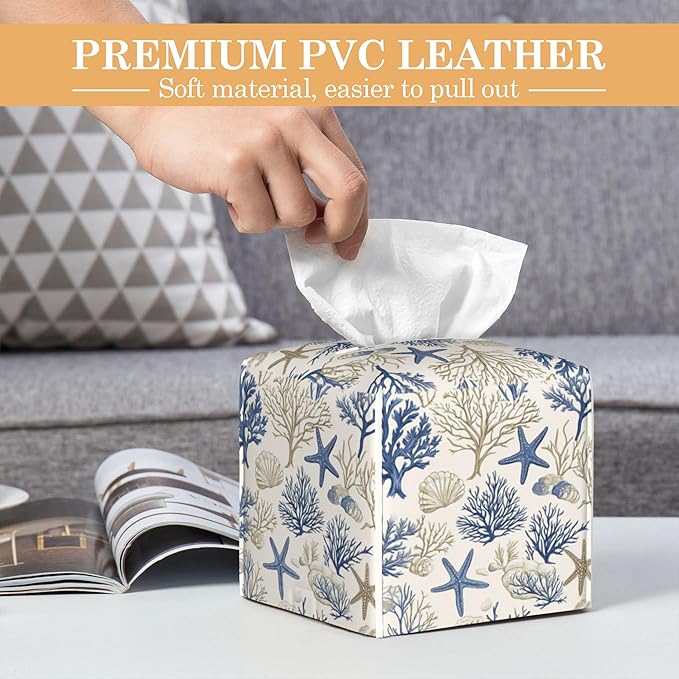 Leather Tissue Box Holder Shells and Starfish Tissue Box Cover Square Waterproof Holder Organizer Modern Napkin Holder for Bedroom Dresser Night Stand Office Desk