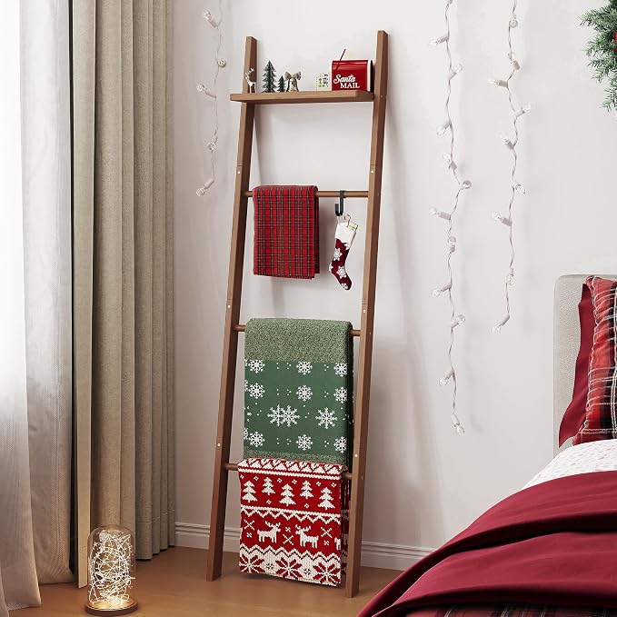 63" Bamboo Blanket Ladder with Shelf and 5 Hooks, 4 Tier Leaning Blanket Rack, Farmhouse Towel Ladder Rack, Decorative Quilt Rack Holder for Living Room Bedroom Bathroom, Walnut