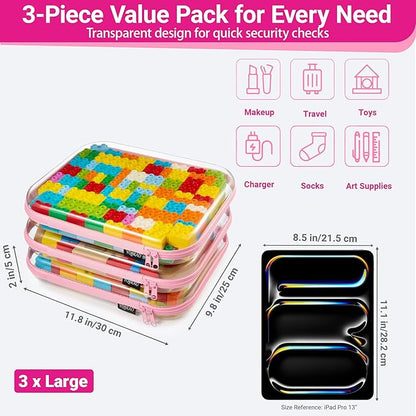 YQBRAO 3-Pack Large Clear Hard Shell Zipper Case, 1.2mm Ultra-Thick Rigid Toy & Closet Organizer, Heavy-Duty Diaper Bag Pouch Set with YKK Zippers, Waterproof Travel Storage (Pink)