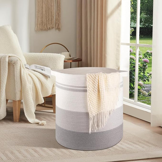 OIAHOMY 100L Laundry Hamper - Storage Basket with Handles, Decorative Woven Basket for Living Room, Toys Bin, Pillows, Blankets, Clothes - 19x21in - Gradient Gray