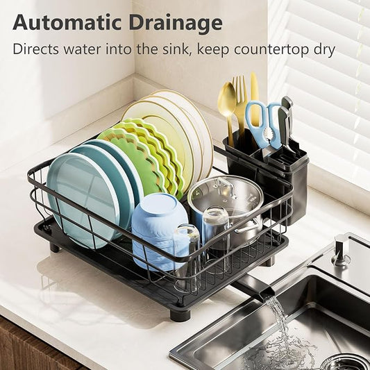 AIDERLY Auto Drain Metal Dish Drying Rack Dish Drainers, All Black | with Draining Tray, Strainer, for Kitchen Counter, Sink