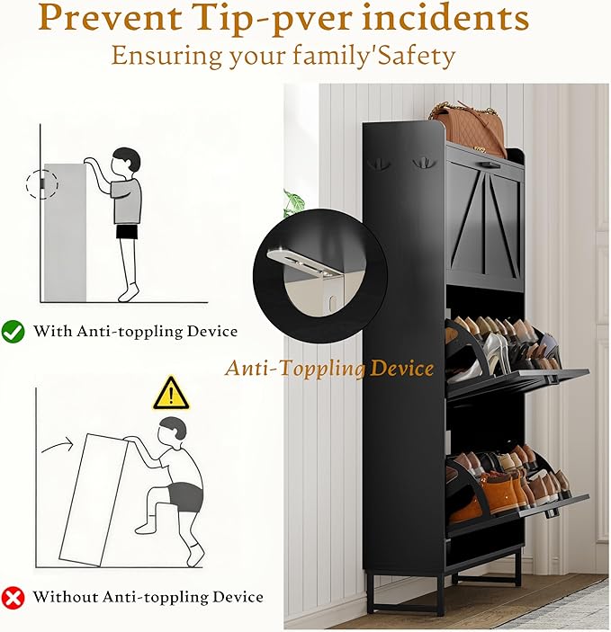 Shoe Cabinet Storage for Entryway, Shoe Storage Cabinet with 3 Flip Drawers, Freestanding Narrow Shoe Rack Organizer with Metal Legs for Foyer, Hallway, Black