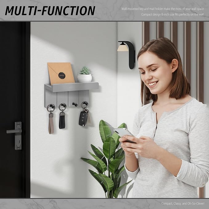 Rebee Vision Small Key Holder Wall Mount - Decorative Key and Mail Holder for Wall with Shelf and 4 Hooks for Aesthetic Room Decor - Modern Apartment Essentials for Home Decor (Light Gray)