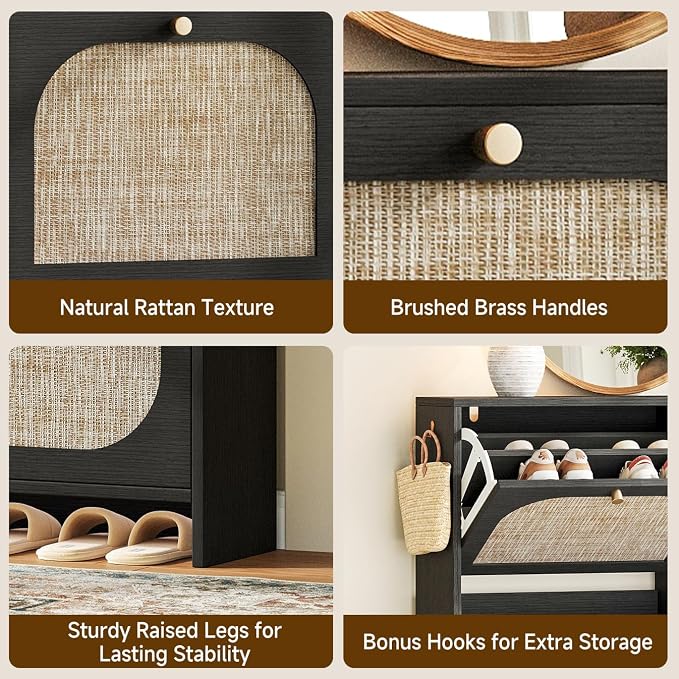 Nicetree Shoe Storage Cabinet for Entryway, Rattan Vintage Flip Shoe Rack- 4 Flip Drawers & 3-Tier Adjustable Shelves,Boho Shoe Organizer for 28-36 Pairs - Fits Size 12 Boots, 9.5" Ultra Slim