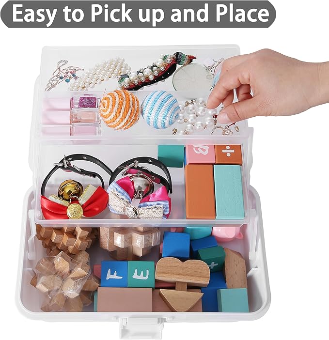 Flower River 11(in) Versatile Three-Layer Folding Organizer Box,Ideal for Art & Crafts,Toys,Sewing Supplies,Jewelry and Tools,Storage with Dual Trays,Elegant White