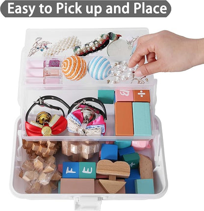 Flower River 11(in) Versatile Three-Layer Folding Organizer Box,Ideal for Art & Crafts,Toys,Sewing Supplies,Jewelry and Tools,Storage with Dual Trays,Elegant White