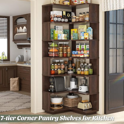 Armocity Corner Book Shelf - 7 Tier Corner Bookshelf Etagere Bookcase with Baffle, Freestanding L Shaped Display Shelf Stand for Home Office, Living Room, Bedroom, Kitchen, Black Walnut
