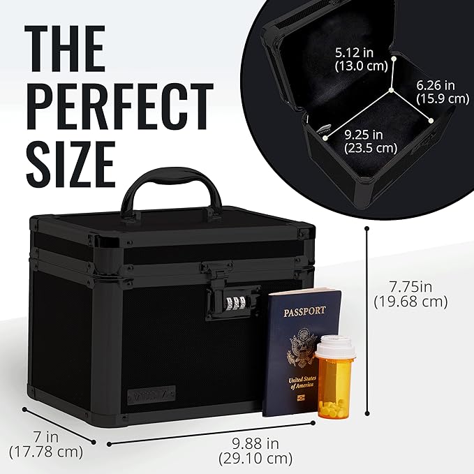 Vaultz Combination Lock Box - Pack of 1-10 x 7.25 x 7.75 Inch Standard Safe with Key and Combo Lock for Important Documents, Medicine & Money - Tactical Black