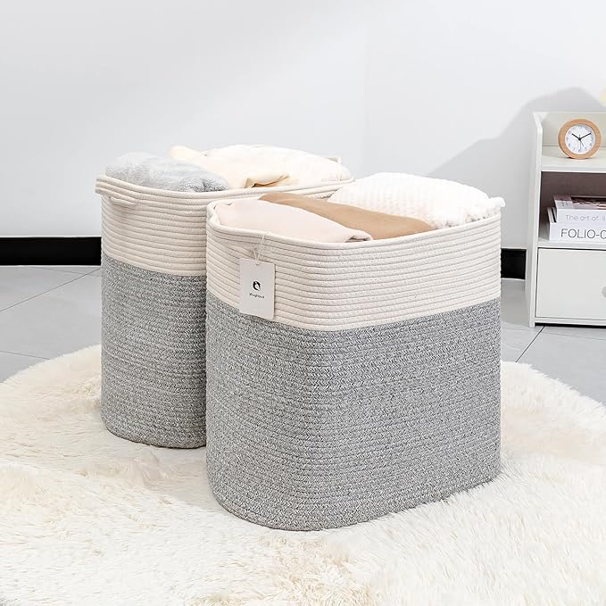 laughbird Storage Baskets for Clothes Fabric Cotton Rope Storage Basket with Handles, Decorative Woven Basket for Living Room,Closet Organizer Blankets, and 2bags (Silver Gray, L17.8×W12.5×H17.9)