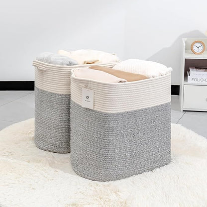 laughbird Storage Baskets for Clothes Fabric Cotton Rope Storage Basket with Handles, Decorative Woven Basket for Living Room,Closet Organizer Blankets, and 2bags (Silver Gray, L17.8×W12.5×H17.9)