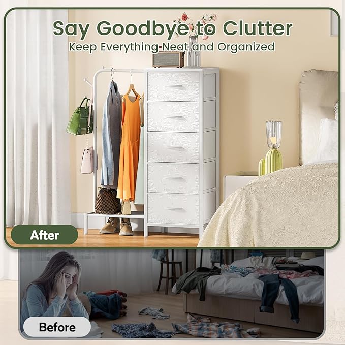 Snughome Dresser with Hanging Rack, Clothes Hanging Rack with 5 Drawers, White Dresser with Clothes Rack, Fabric Storage Chest of Drawers, Small Dresser for Bedroom, Apartments, Entryway Living Room