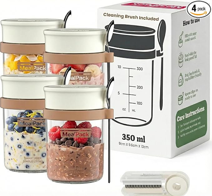 Overnight Oats Containers with Lids and Spoons (4 Pack) – 12oz Glass Jars for Yogurt Meal Prep, Chia Pudding & Snacks – Leakproof Airtight Mason Jar Set – Portable Food Storage with Cleaning Brush