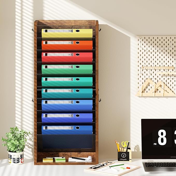Hanging Wall File Organizer, 11 Tier Wood Wall File Holder with 4 Hooks, Mail Organizer Wall Mounted with Bottom Flat Tray, Vertical Paper Desk Storage for Office, Home, Rustic Brown