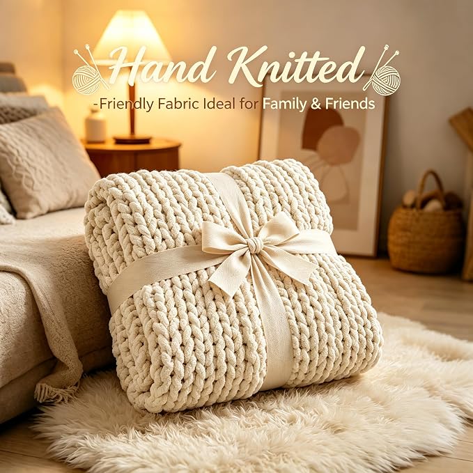 Admitrack Chunky Knit Blanket Throw, 100% Hand Knit Chenille Throw Blanket for Sofa & Home Decor, Soft and Cozy Knitted Throw Blankets (Ivory，40"x50")