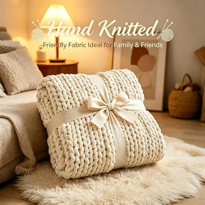 Admitrack Chunky Knit Blanket Throw, 100% Hand Knit Chenille Throw Blanket for Sofa & Home Decor, Soft and Cozy Knitted Throw Blankets (Ivory, 60"x80")