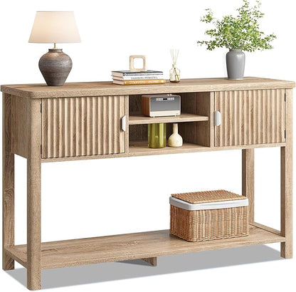 Console Table Fluted with 8 Storage Shelves & 2 Doors, Modern Entryway Table Behind Couch with Open Storage Shelf, Entry Table for Hallways,Entryway, Living Room,Wooden, Oak