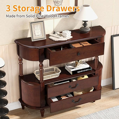 43" Retro Curved Console Table with Drawers, Solid Wood Half Moon Console Table Entry Sofa Table with Storage with Solid Pine Roman Legs Open Shelf for Small Spaces Living Room,Cherry