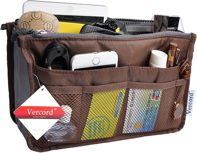 Vercord Purse Organizer Insert for Handbags Bag Organizers Inside Tote Pocketbook Women Nurse Nylon 13 Pockets Coffee Small