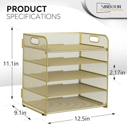 Sinboun Letter Tray Paper Organizer 5-Tier Desk Organizer File Organizer Paper Holder with Handle, Metal Desktop Document Shelf Tray Office Classroom Organization - Gold