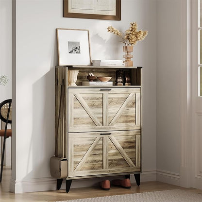 Shoe Cabinet with 2 Flip Drawers, Shoe Storage Cabinet for Entryway, Freestanding Shoe Cabinet Organizer with Open Storage, Free Standing Shoe Rack Cabinet Corner, Retro Gray
