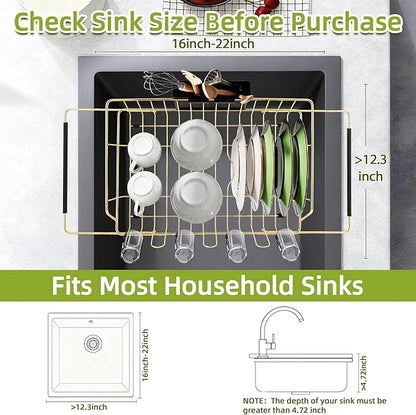 Golden Expandable Dish Drying Rack-Extra Large Stainless Steel Dish Drainer Over The Sink for Kitchen Countertop with Utensil Holder, Applicable for Sink Width 16'-22' (Gold,23.2'*12.2')