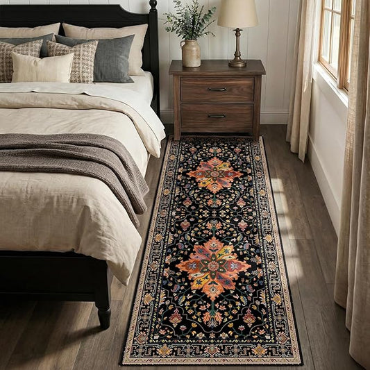 RELEANY Area Rugs Runner 2'x6' Washable Non-Slip, Floral Vintage Distress Medallion Carpet for Kitchen Hallway Bedroom Beside Laundry Room Bathroom, Black Colorful Floral Dark Tan