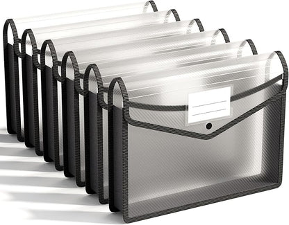 ABC life 6 Pack Plastic Expanding File Folder, Folders for Documents with Snap Closure, Black File Folder Organizer Holder, Transparent Accordion File Pouch,Large Capacity, Fit Letter/A4 Size - Black