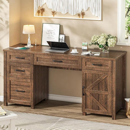 Vabches Farmhouse 61'' Executive Desk with 5 Drawers, Rustic Office Desk Computer Desk with Charging Station, File Drawers and Storage Cabinet, Wood Workstation for Study and Home Office, Red-Brown.
