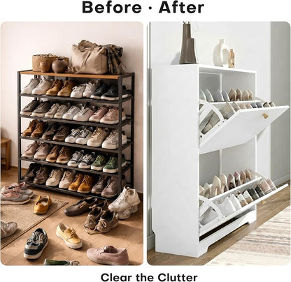 Nicetree Shoe Cabinet with 2 Flip Drawers, Narrow Shoe Organizer Cabinet, Freestanding Shoe Rack Cabinet, Modern Shoe Storage Cabinet for Entryway, Hallway, Foyer, White with Hook