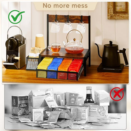 DGWJSU Tea Bag Organizer, Wood Tea Organizer and Storage Cheast, Tea Bag Holder with Storage Drawer, 4 Hooks for Tea Cups Holder, Tea Station Chest Display Container Box for Countertop Kitchen