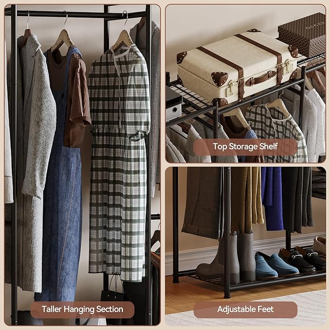 Portable Wardrobe Closet, Triple Column, Clothes Rack for Bedroom with Hanging Areas and Storage Shelves, Tall Freestanding Clothes Organizer