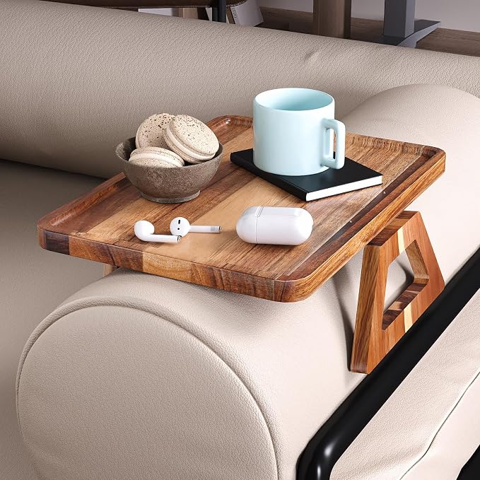Acacia Wood Couch Arm Tray,Folding Sofa Armrest Tray,Couch Arm Table Clip-On Couch Desk for Drinks, Snacks,Phone,Remote Control