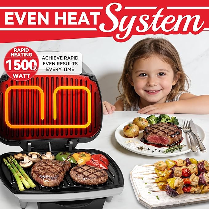 Family-sized Contact Grill, 6-Serving Electric Indoor Grill with Adjustable Temp Control, Ceramic Coating, 1500W, Silver
