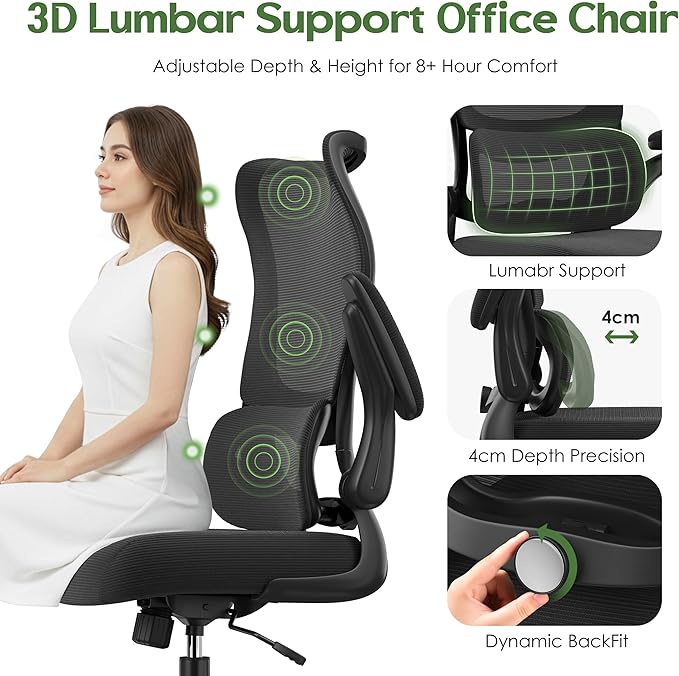 Office Chair Ergonomic Desk Chair - Comfy Mesh High Back Office Chair with Lumbar Support Wheel Home Desk Office Chairs Flip up Armrest Executive Rolling Swivel Task Computer Chair Black Silver