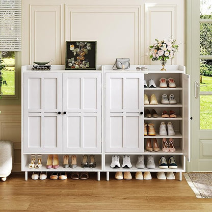 White 7+1 Tier Farmhouse Shoe Storage Cabinet - 45" Tall Entryway Organizer with Cross Molding Doors, 3 Adjustable Shelves & Metal Legs, Shoe Rack for Front Door Entrance