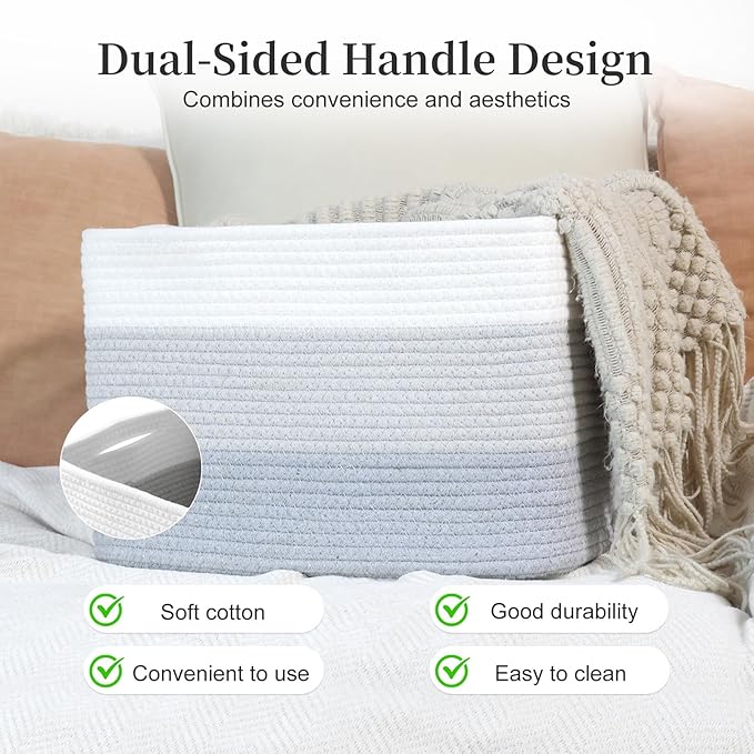 Hopegiver 1 Pack Woven Storage Baskets for Shelves, 15x11x10 Inch Cotton Rope Decorative Organizer Bins for Blanket Clothes Book Baby Pet, Gift Toy Basket for Living Room, Office, Bathroom & Nursery