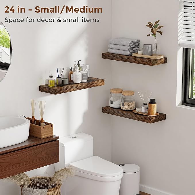 Heimlove 36 Inch Floating Shelves for Wall 8 Inch Deep Rustic Brown Shelves Set of 2,Wall Mounted Rustic Wood Long Floating Shelf with Invisible Brackets for Bedroom Kitchen Living Room